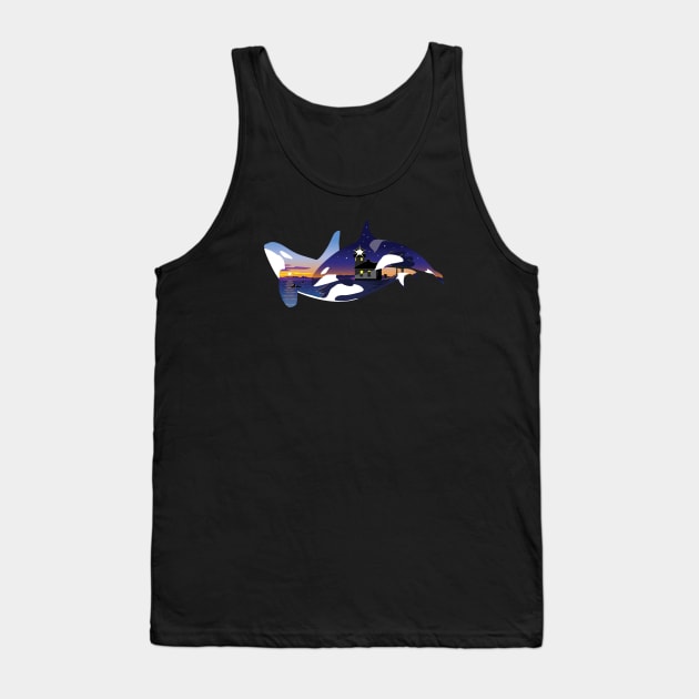 Orcas framing the Lime Kiln Point lighthouse Tank Top by LucentJourneys